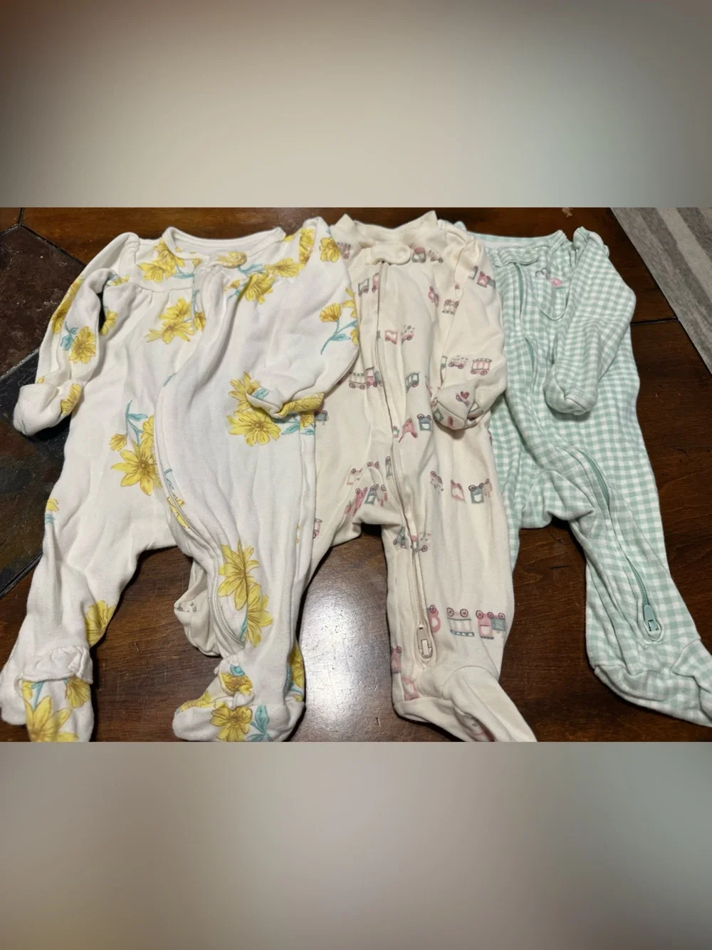 Set of 3 Baby Footed Sleepers - Yellow Floral, Pastel Vehicles, Green Gingham